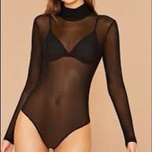 SHEIN Black Mesh Button Bodysuit XS Mock Neck